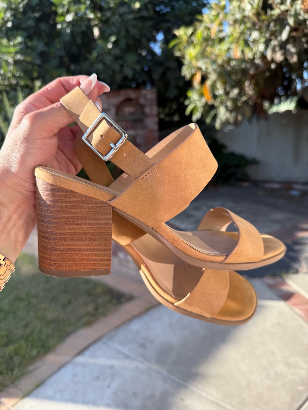 Soda Tan Block Heel Sandals with Buckle Strap